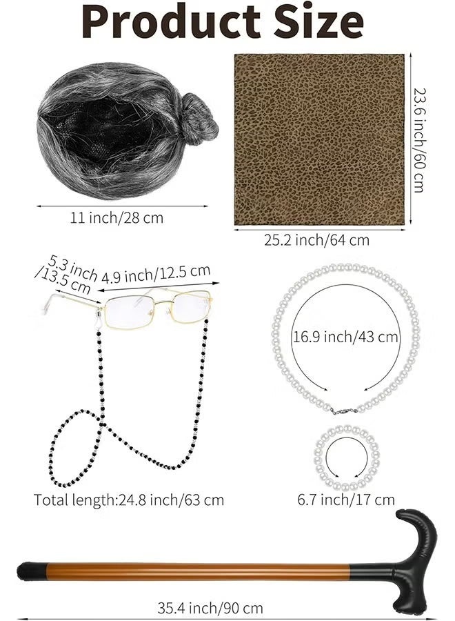 100 Days of School Old Lady Wig Cosplay Set, Halloween Granny Costume Party Wigs with Glasses, Chain, Necklace, Headscarf, walking stick,Bracelet Dress Up Costume Cosplay Supplies(7Pcs) - Image 5